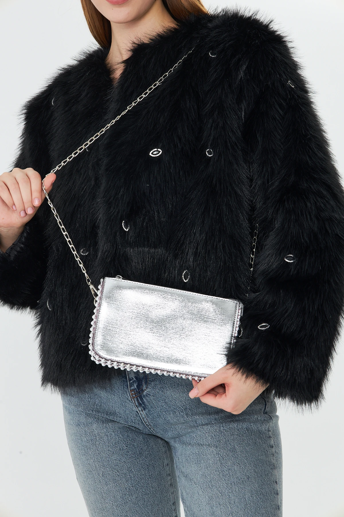 Feyora Zincir Askılı Boncuklu Kadın Omuz, Kol ve El Çantası - Gümüş