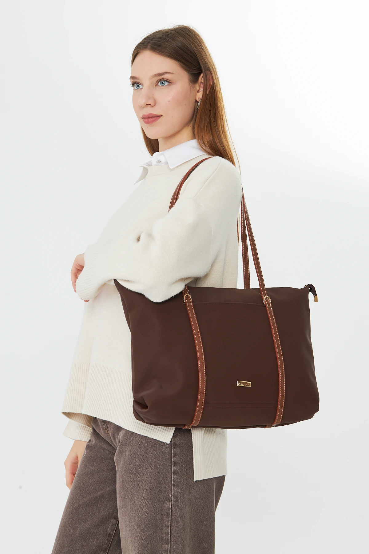 Isola Büyük Boy Şeritli Kadın Omuz, Kol ve El Çantası - Kahverengi