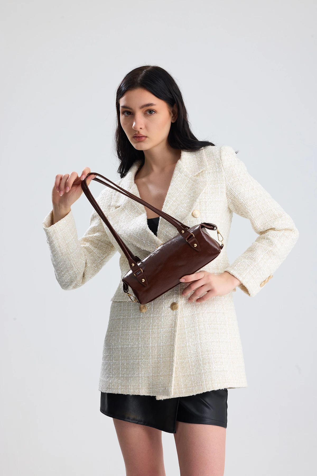 Olivra Toka Detaylı Mini Kadın Omuz, Kol ve El Çantası - Kahverengi