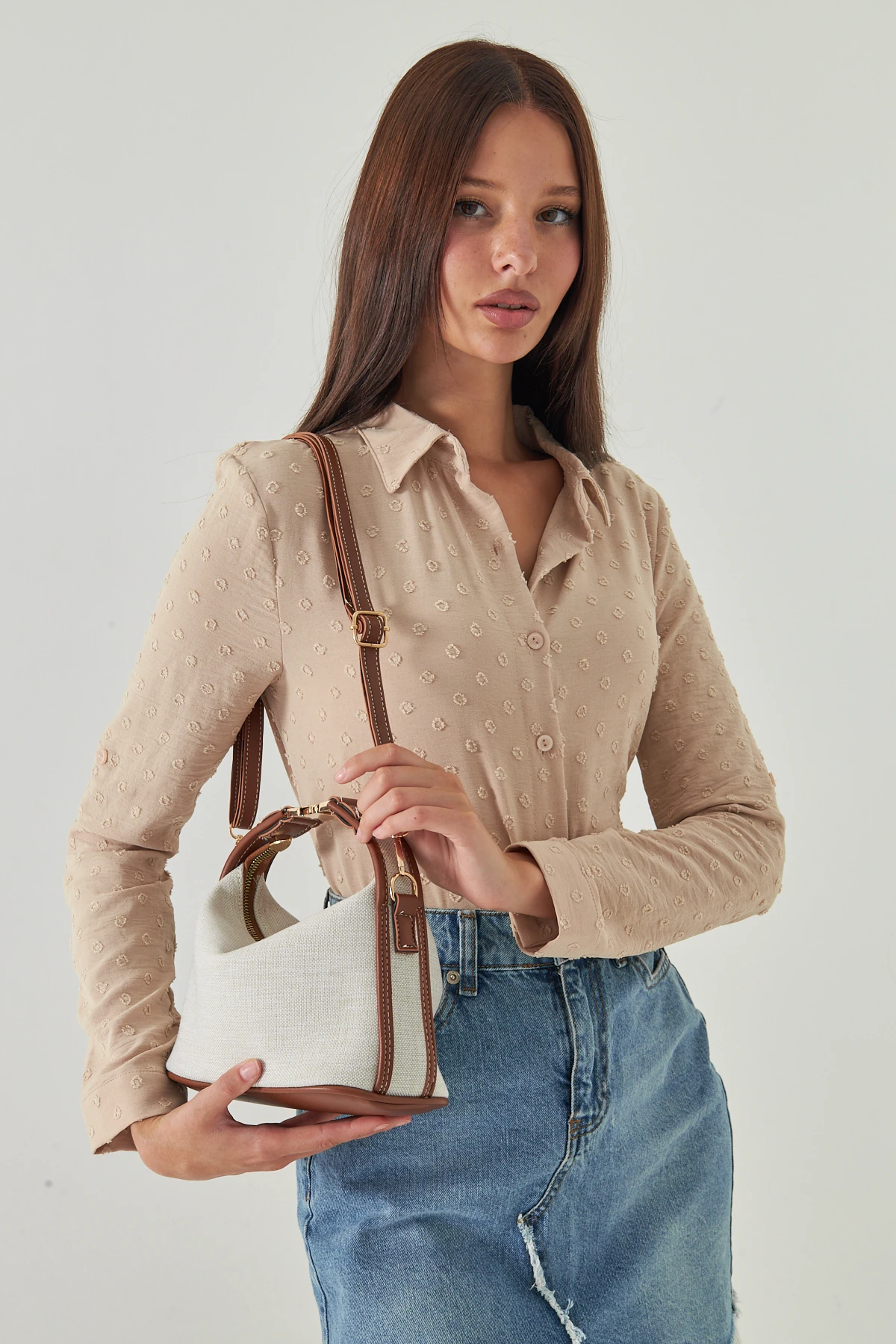 Ravella Kanvas Metal Tokalı Kadın El, Kol ve Omuz Çantası - Taba