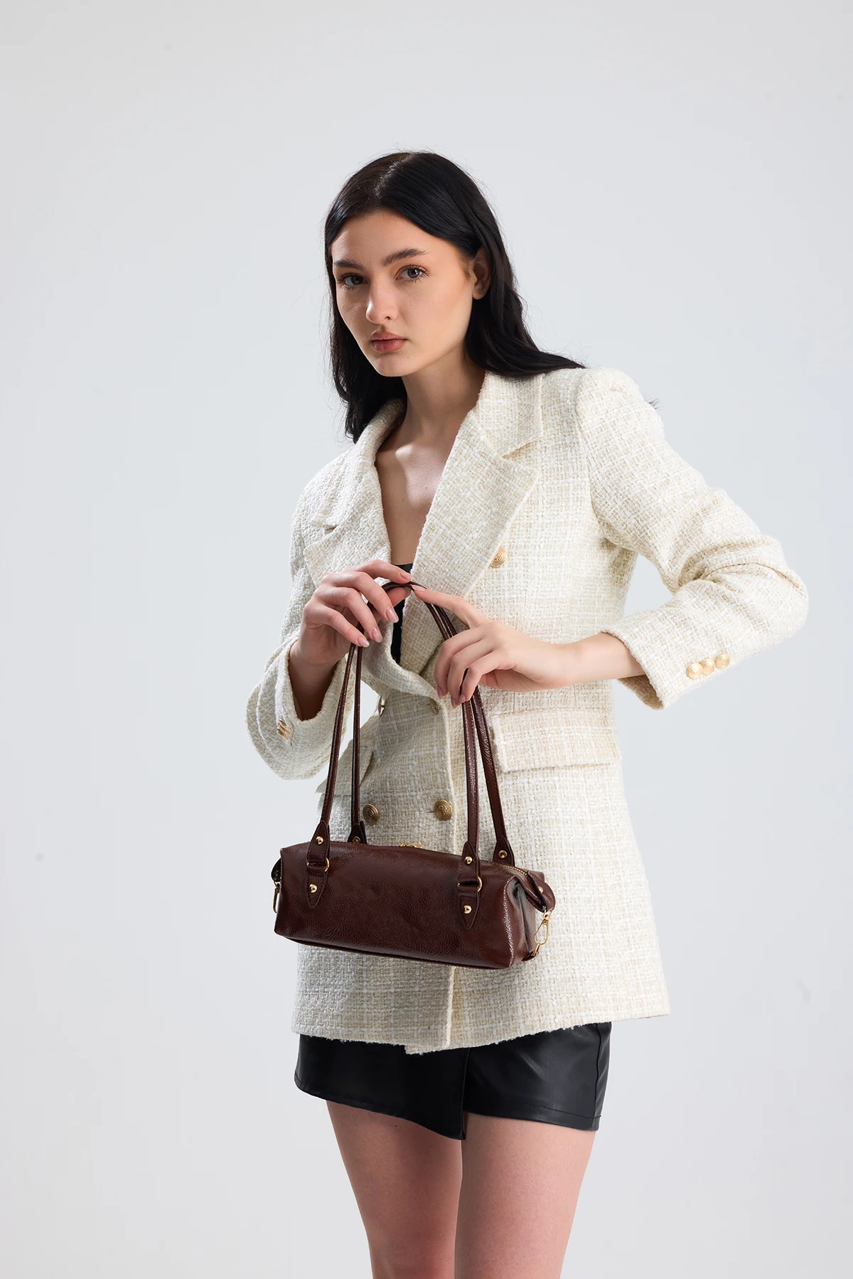 Olivra Toka Detaylı Mini Kadın Omuz, Kol ve El Çantası - Kahverengi