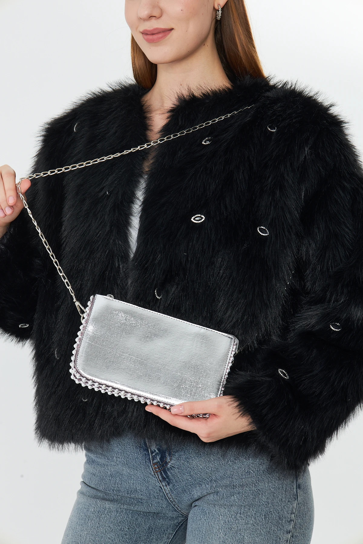 Feyora Zincir Askılı Boncuklu Kadın Omuz, Kol ve El Çantası - Gümüş