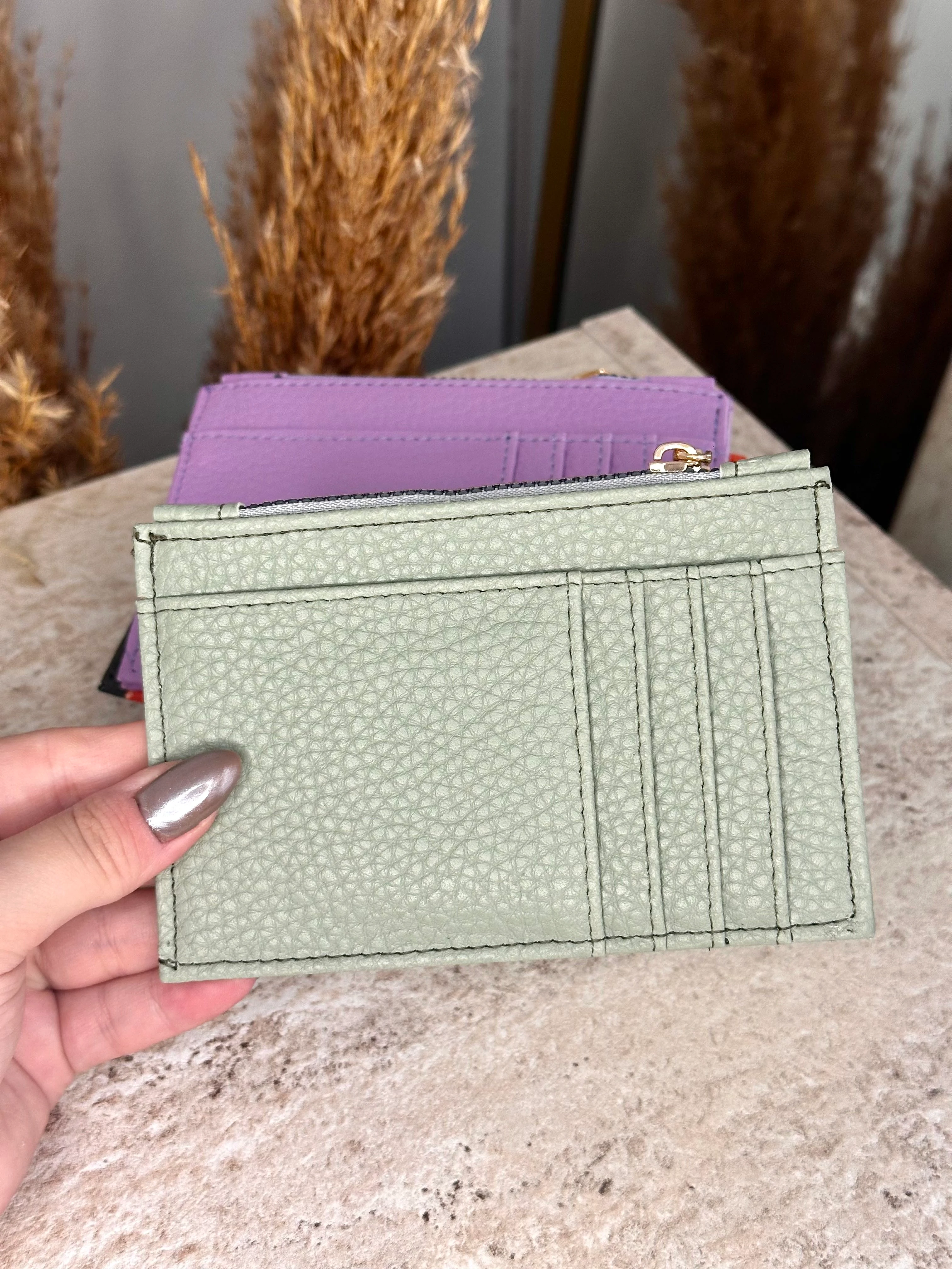 Suni Deri Kadın Kartlık - Fermuarlı Kartlık ve Para Bölmeli - Su Yeşili