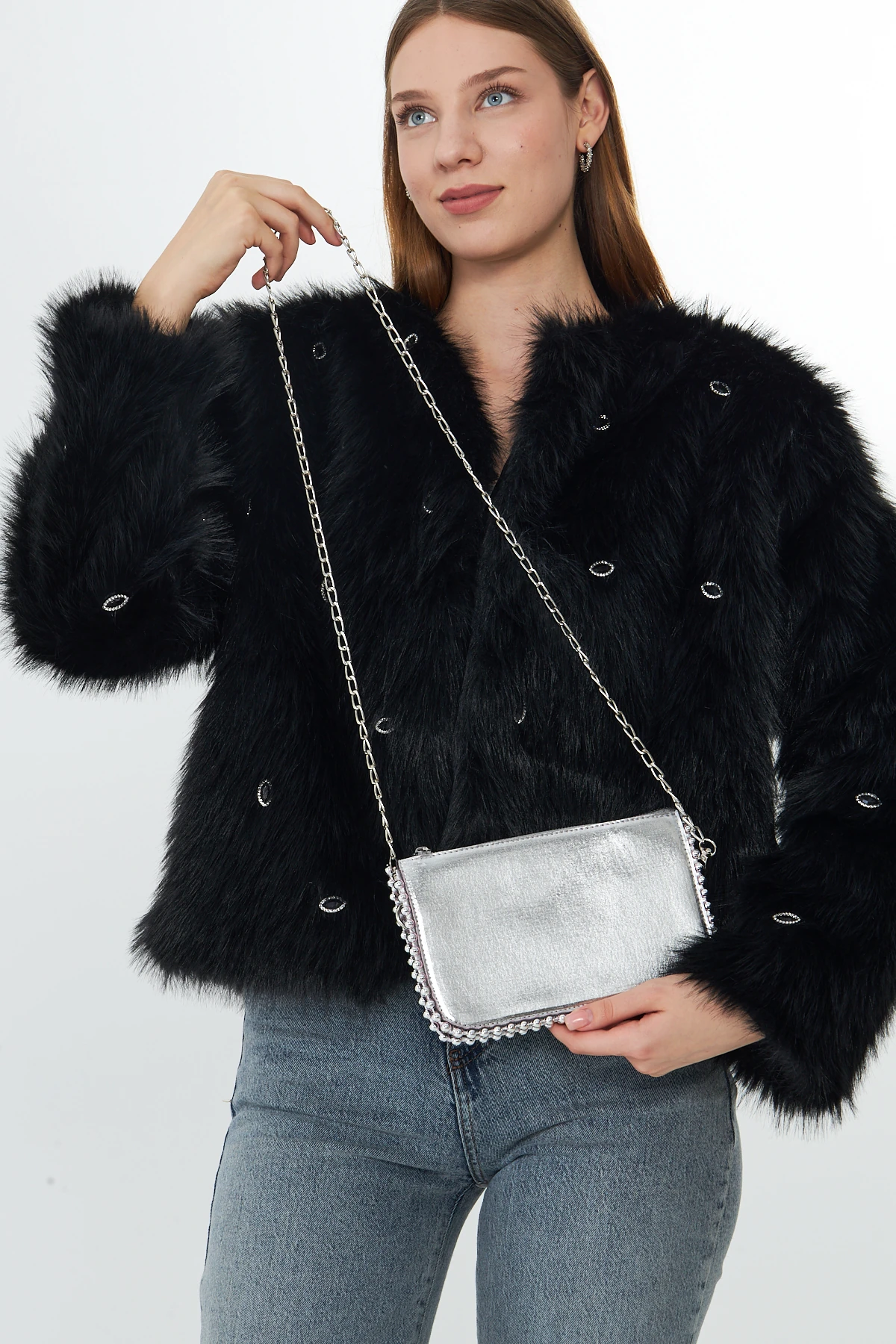 Feyora Zincir Askılı Boncuklu Kadın Omuz, Kol ve El Çantası - Gümüş