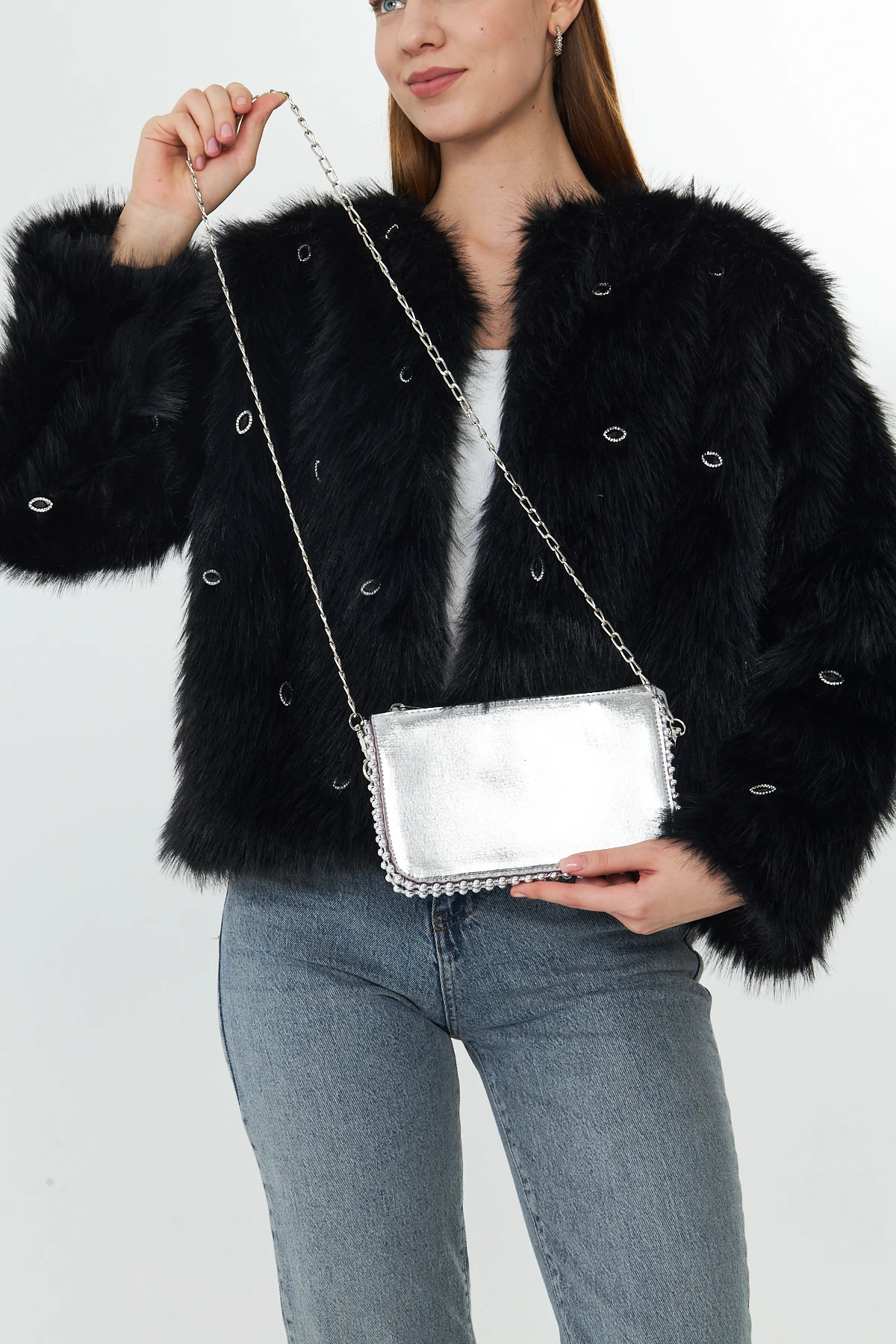 Feyora Zincir Askılı Boncuklu Kadın Omuz, Kol ve El Çantası - Gümüş