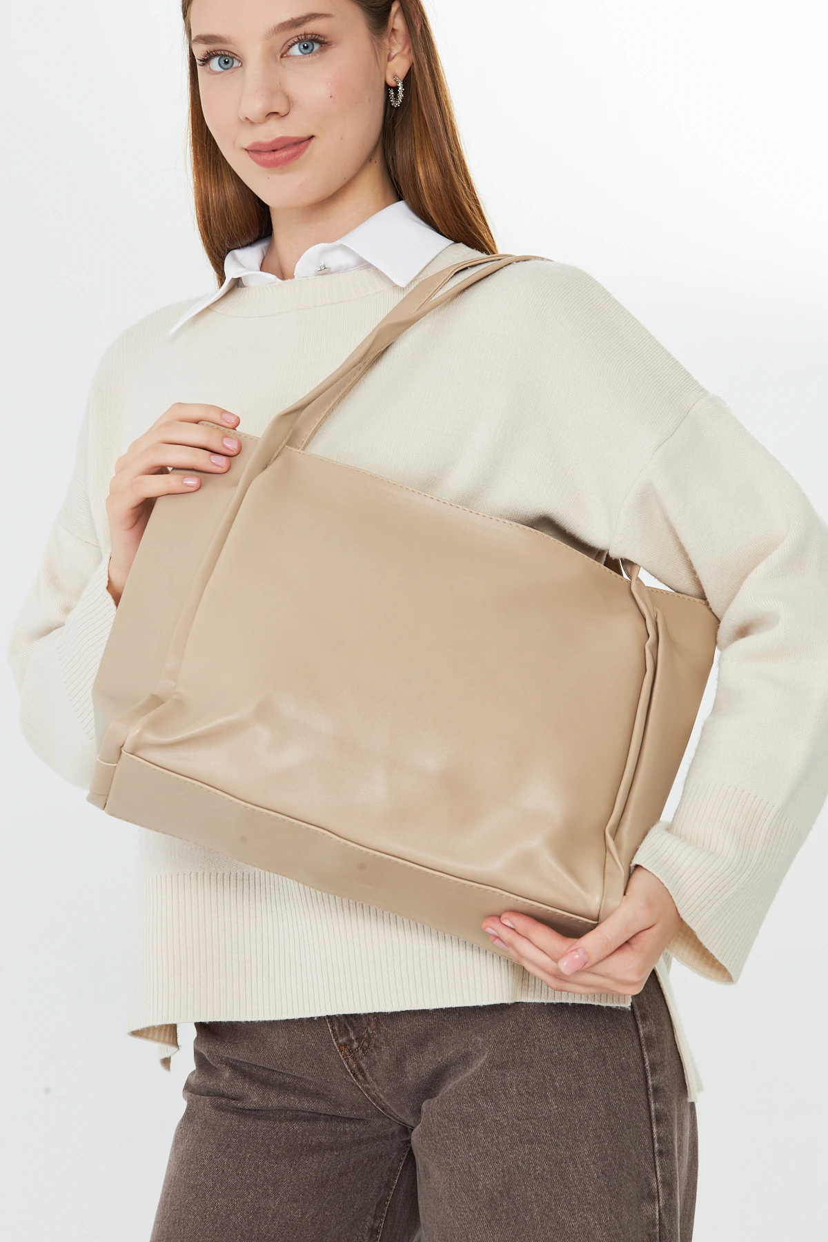 Esmarie Çift Saplı Salaş Kadın Omuz, Kol ve El Çantası - Bej