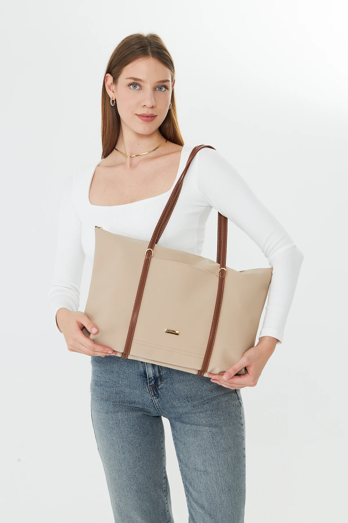 Isola Büyük Boy Şeritli Kadın Omuz, Kol ve El Çantası - Bej