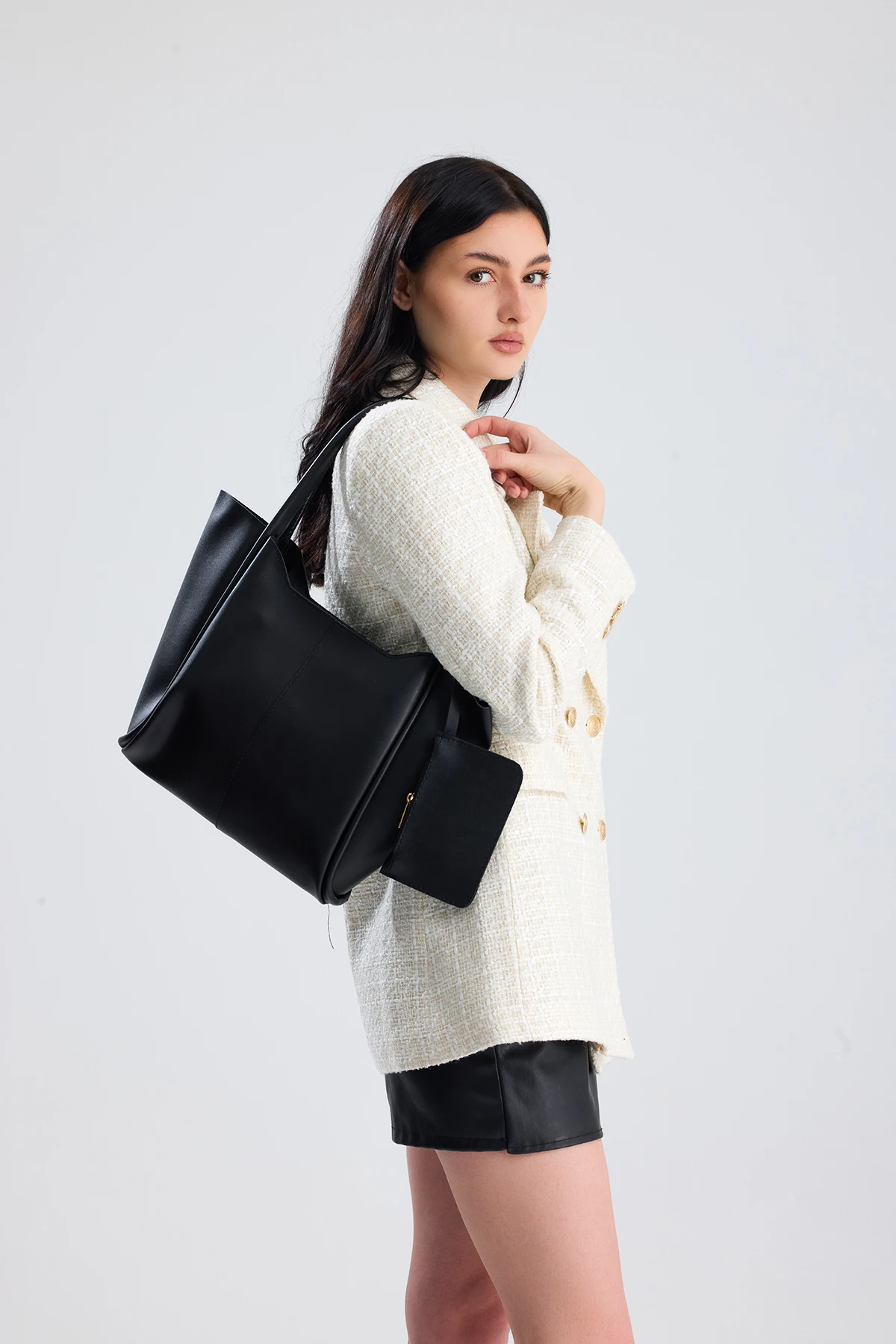  Velina Cüzdan Detaylı Büyük Boy Kadın El, Kol ve Omuz Çantası - Siyah