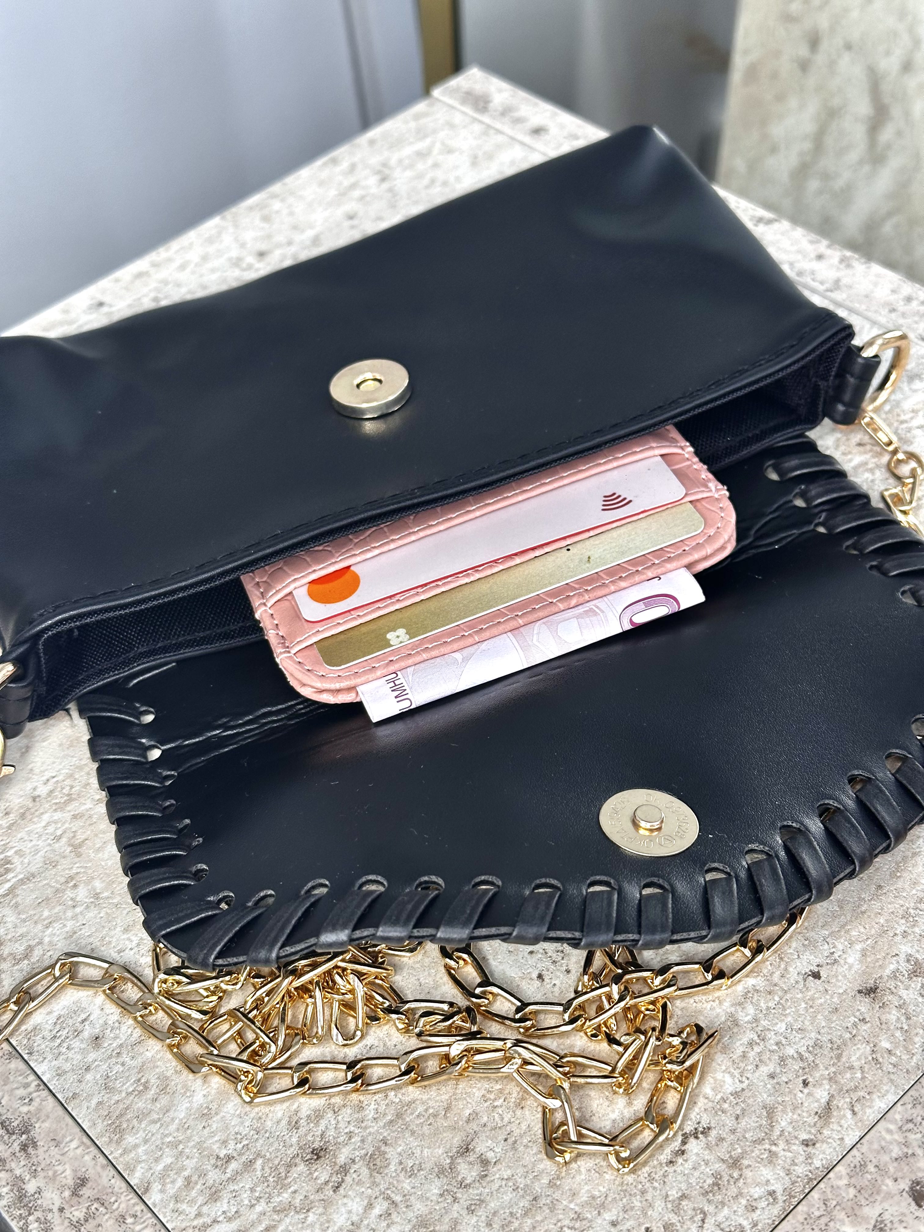 Dokulu Suni Deri, Kartlık - Kağıt Para Bölmeli Unisex Kartlık - Pudra