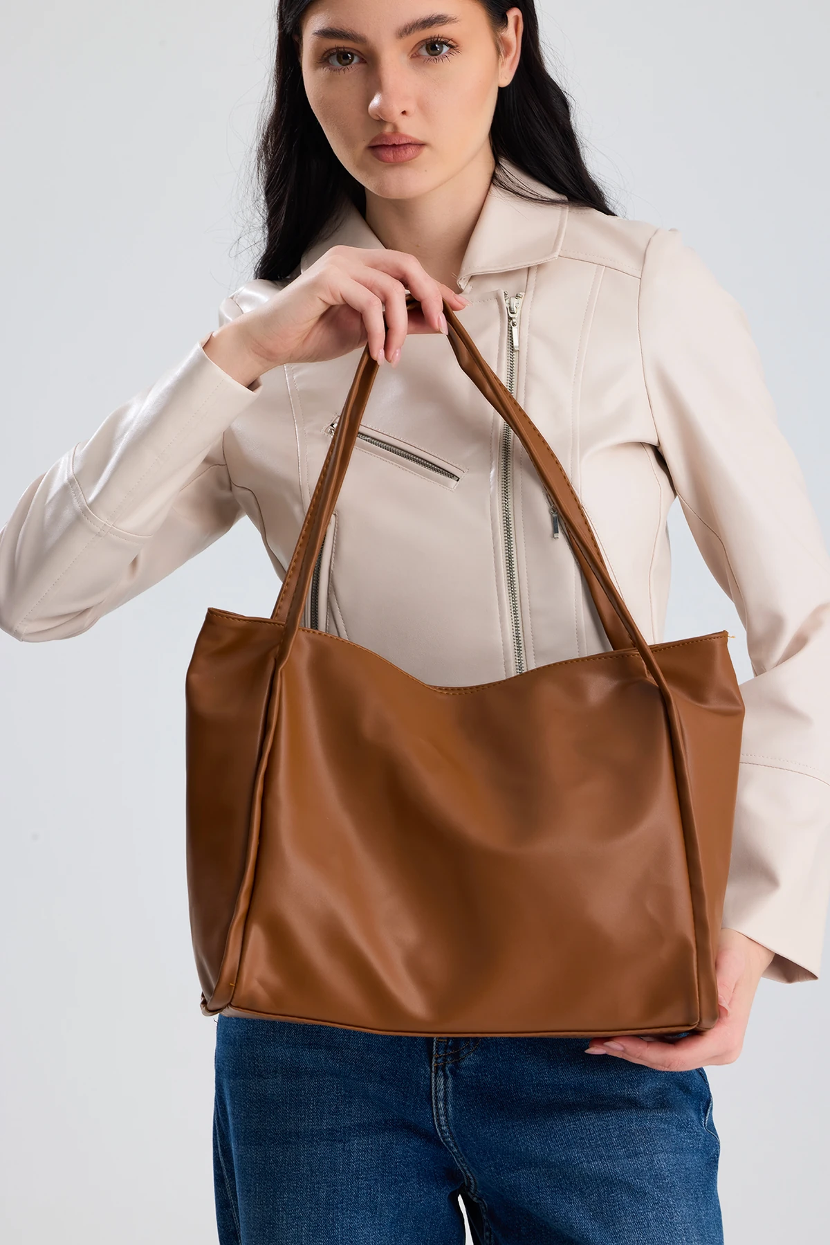 Esmarie Çift Saplı Salaş Kadın Omuz, Kol ve El Çantası - Taba