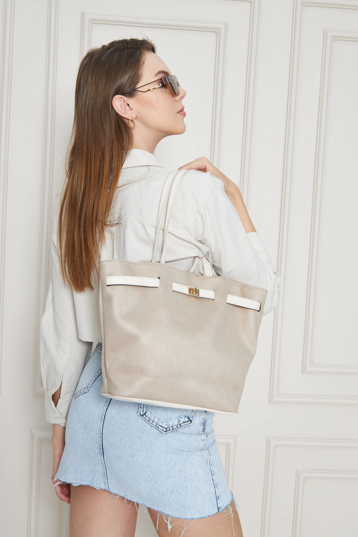 Debra Süet Omuz Çantası - Bej