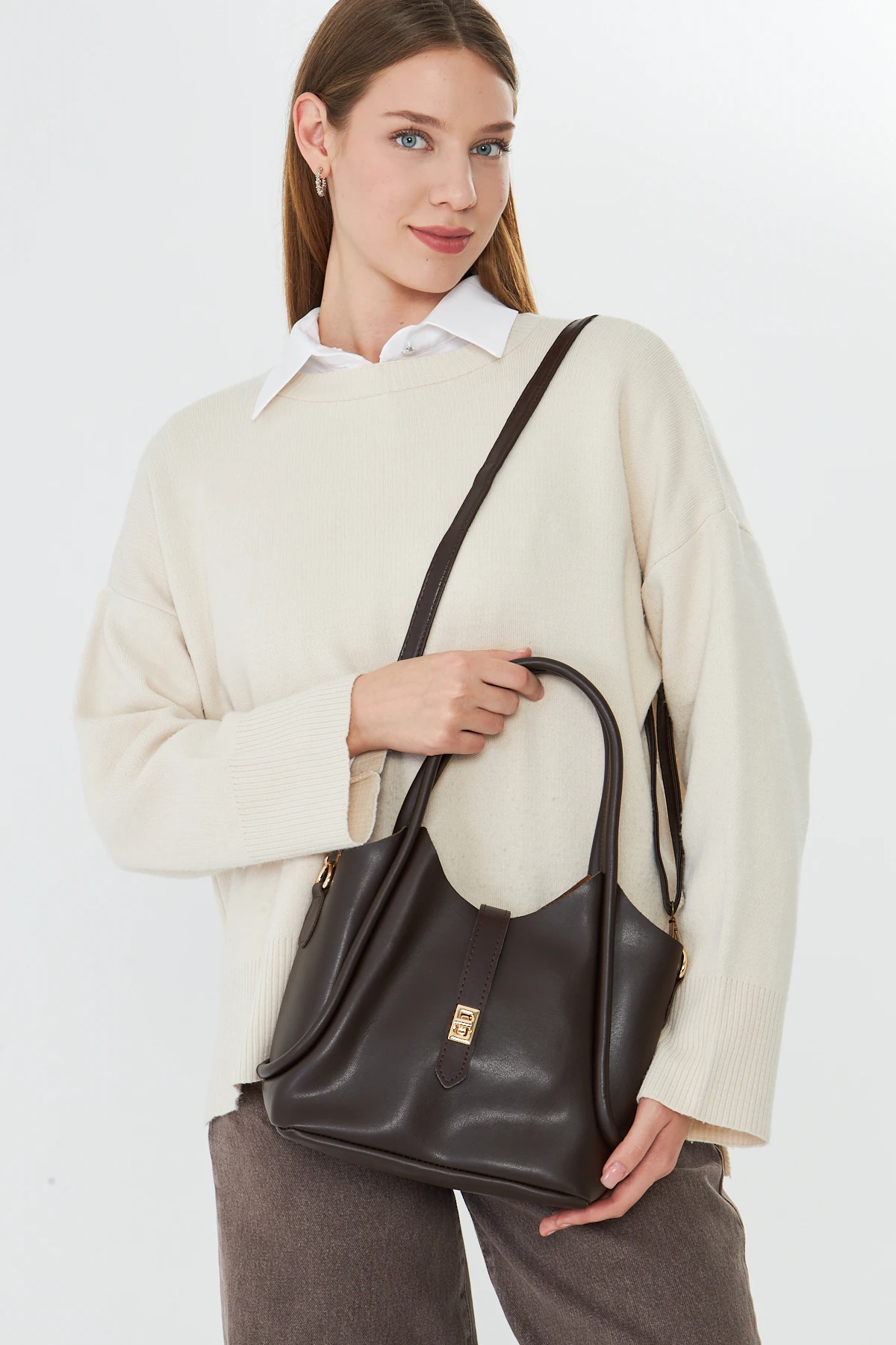 Arlina Çapraz Askılı Yavrulu Kadın Omuz, Kol ve El Çantası - Kahverengi