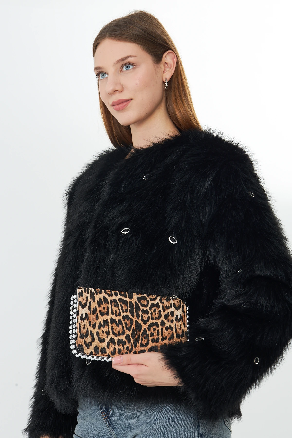 Feyora Zincir Askılı Boncuklu Kadın Omuz, Kol ve El Çantası - Leopar