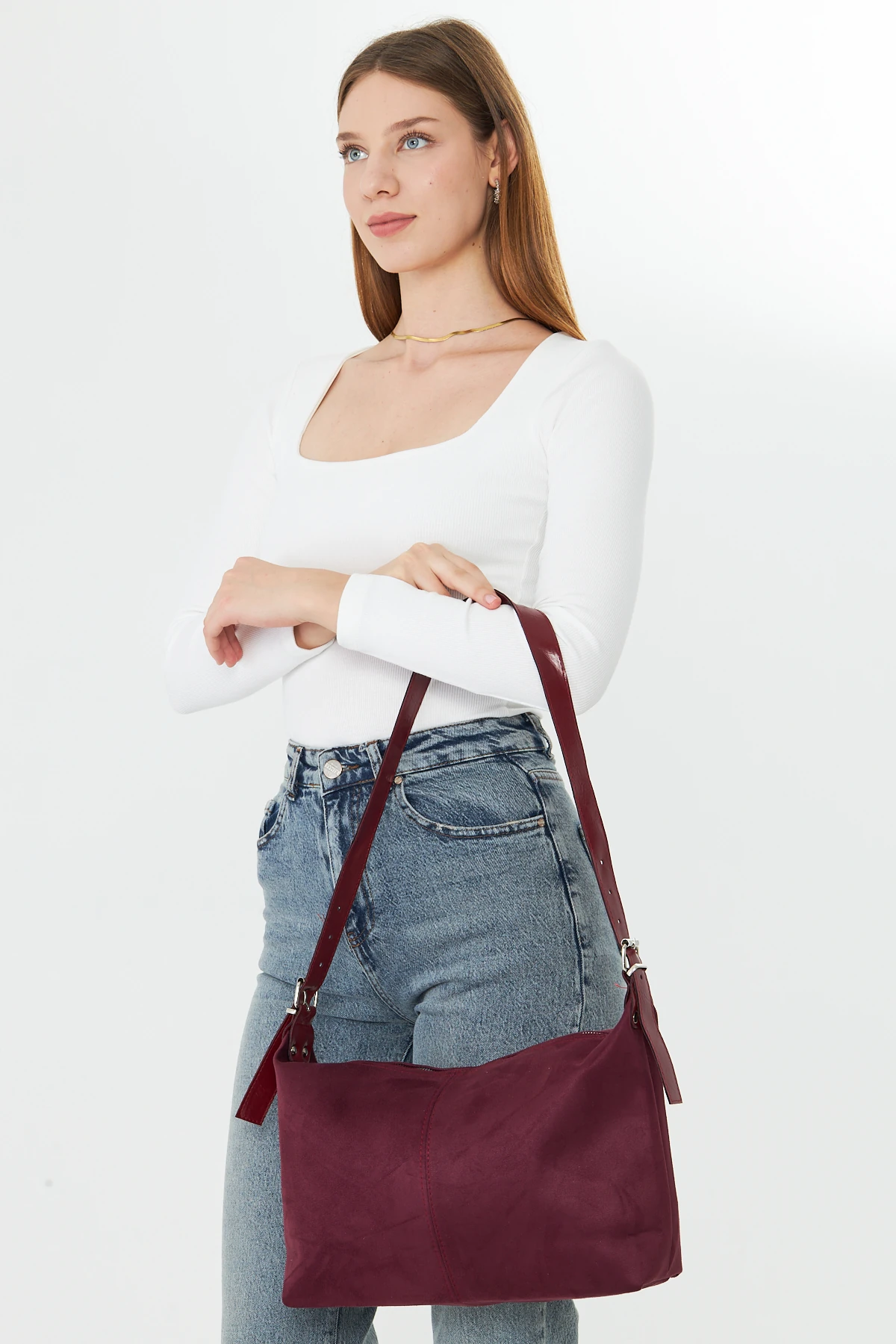 Metro Süet Kadın Omuz, Kol ve El Çantası - Bordo