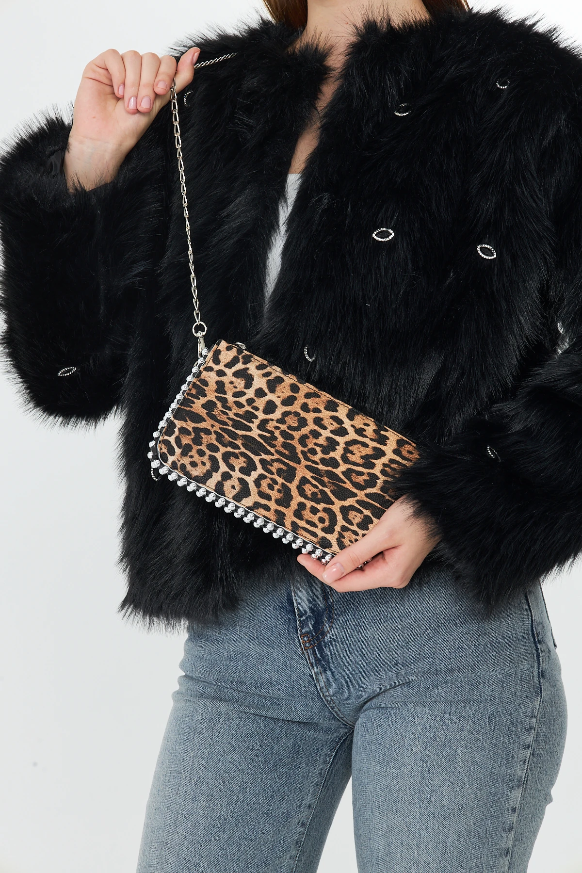 Feyora Zincir Askılı Boncuklu Kadın Omuz, Kol ve El Çantası - Leopar