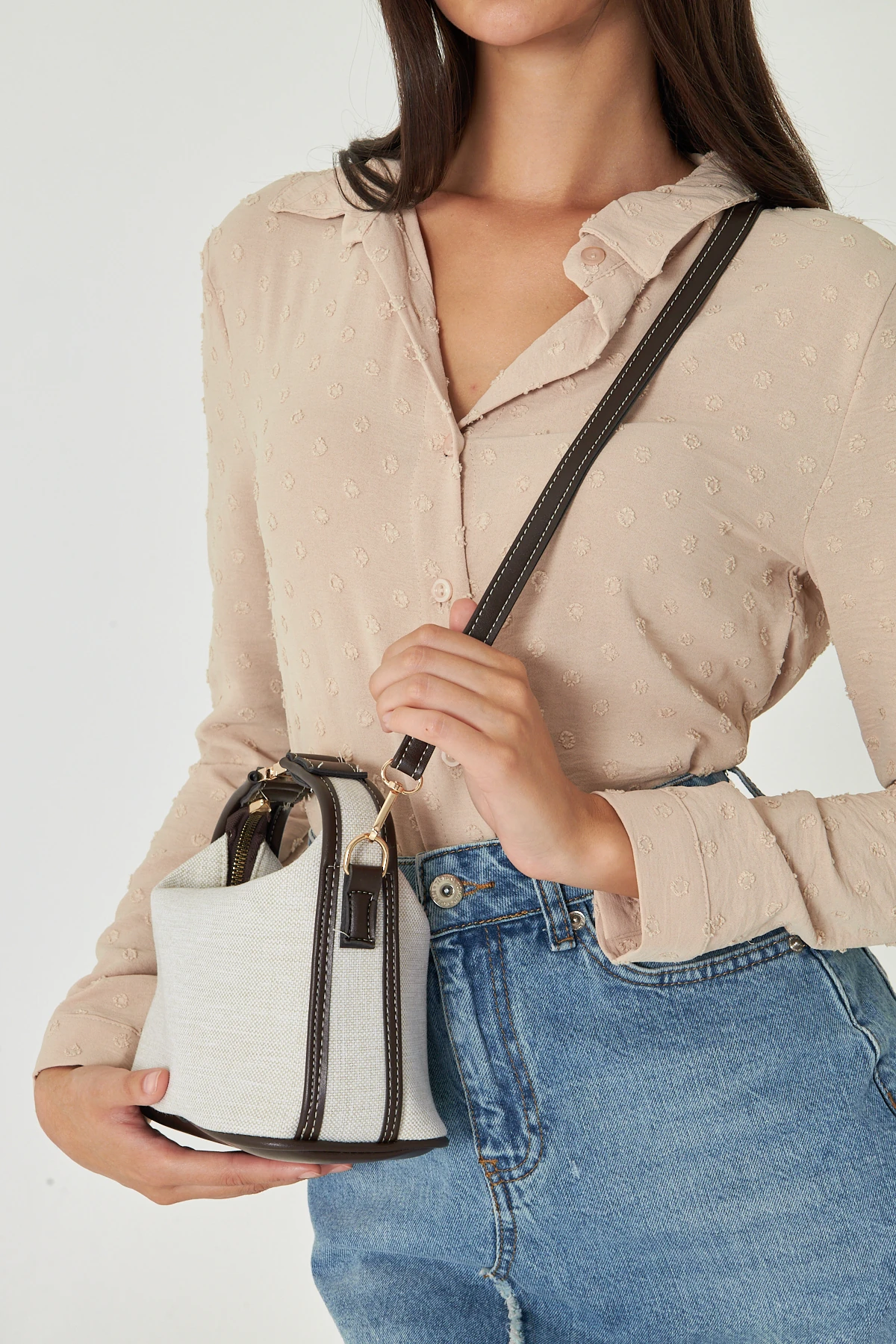 Ravella Kanvas Metal Tokalı Kadın El, Kol ve Omuz Çantası - Kahverengi