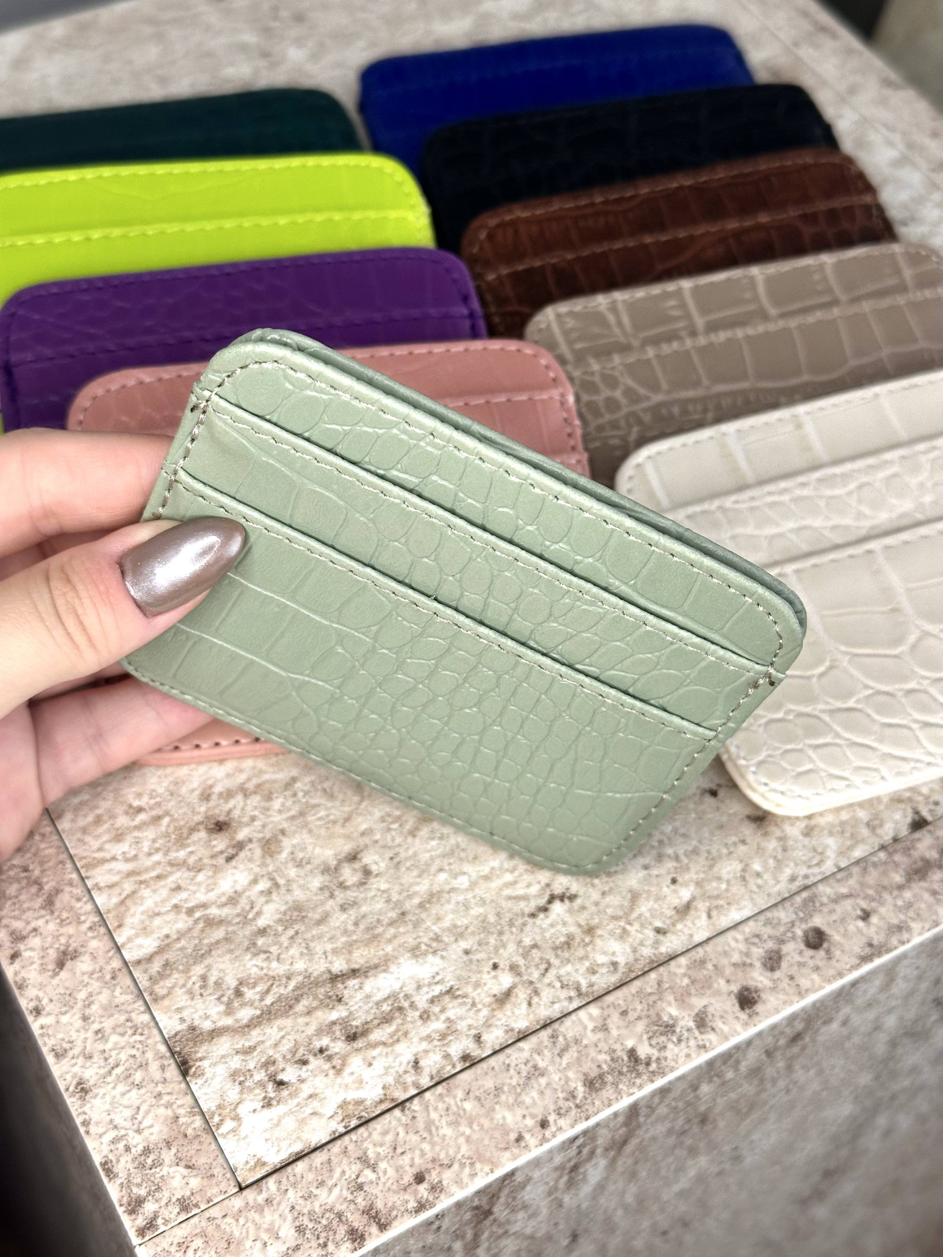 Dokulu Suni Deri, Kartlık - Kağıt Para Bölmeli Unisex Kartlık - Su Yeşili