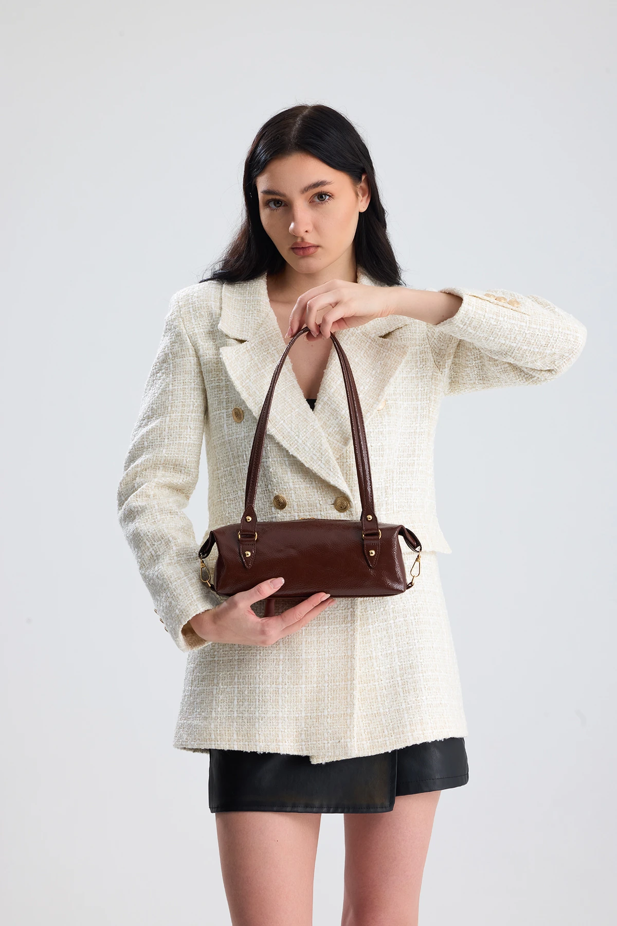 Olivra Toka Detaylı Mini Kadın Omuz, Kol ve El Çantası - Kahverengi