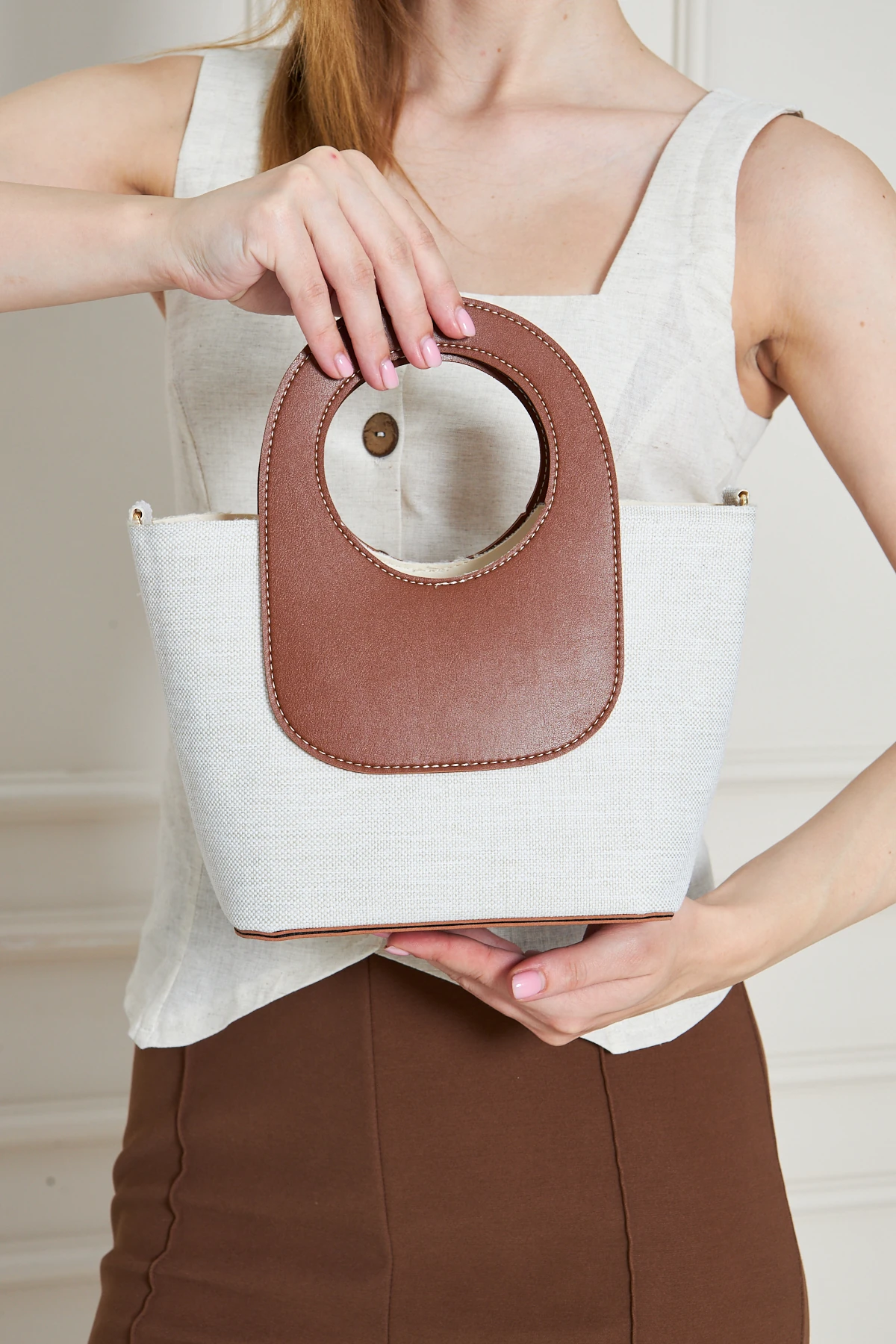 Almaria Kanvas Yavrulu Kadın El, Kol ve Omuz Çantası - Taba