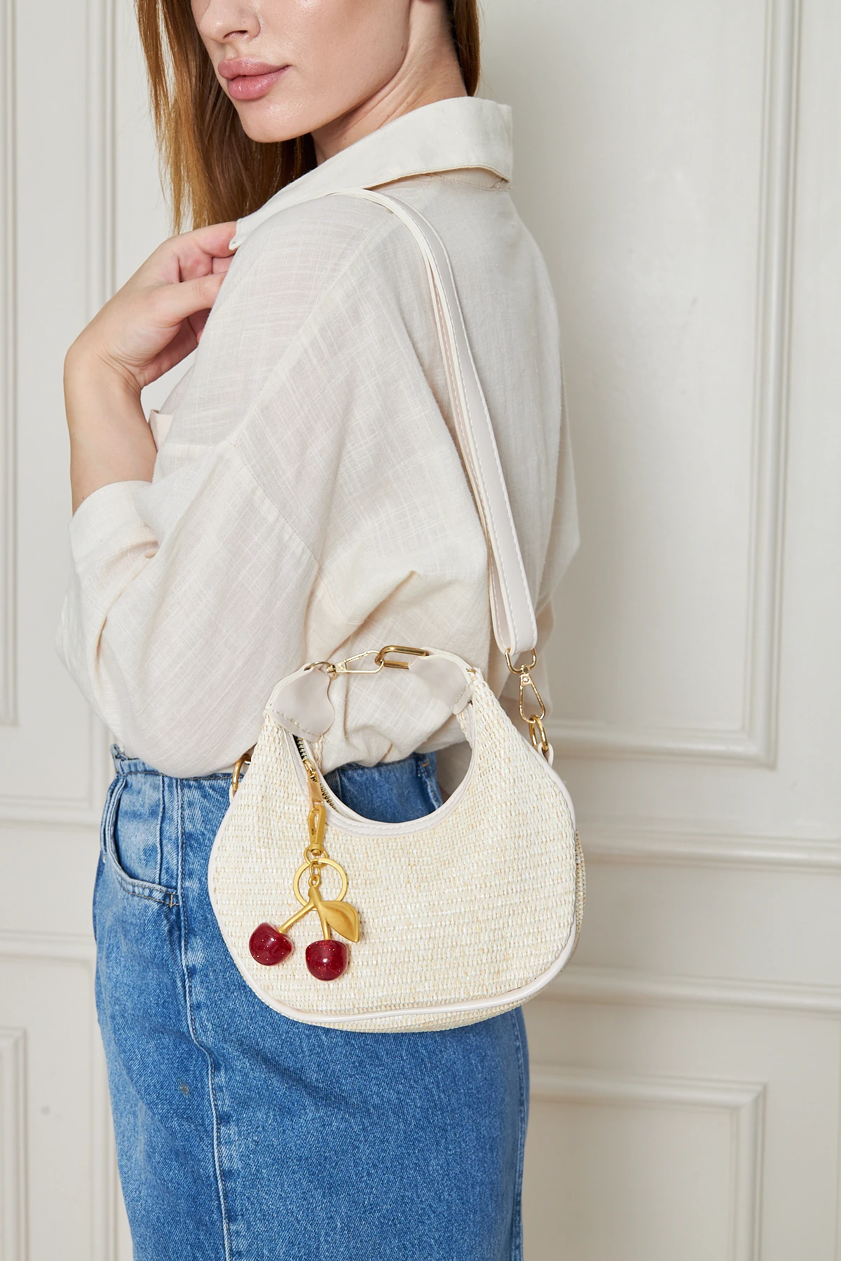 Mira Orijinal Hasır Dokuma Charm Hediyeli Kadın El, Kol ve Omuz Çantası - Krem