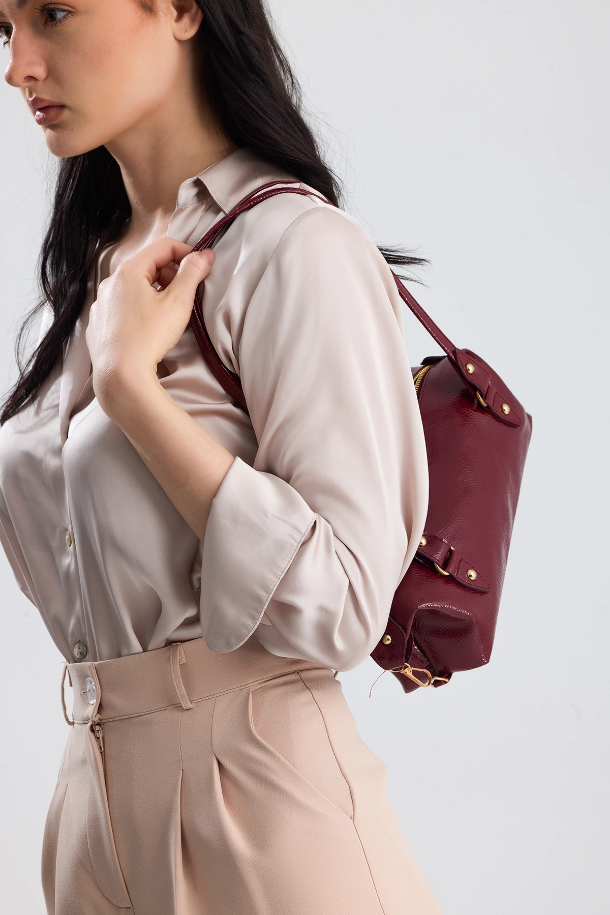 Olivra Toka Detaylı Mini Kadın Omuz, Kol ve El Çantası - Bordo