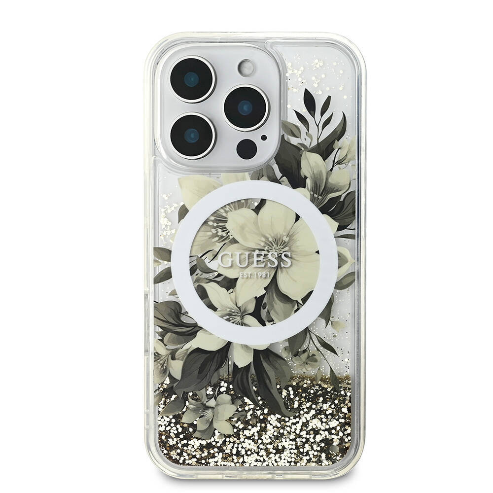 Apple iPhone 16 Pro Max Kılıf Guess Orjinal Lisanslı Magsafe Şarj Özellikli Sıvılı Simli Çiçek Desenli Kapak