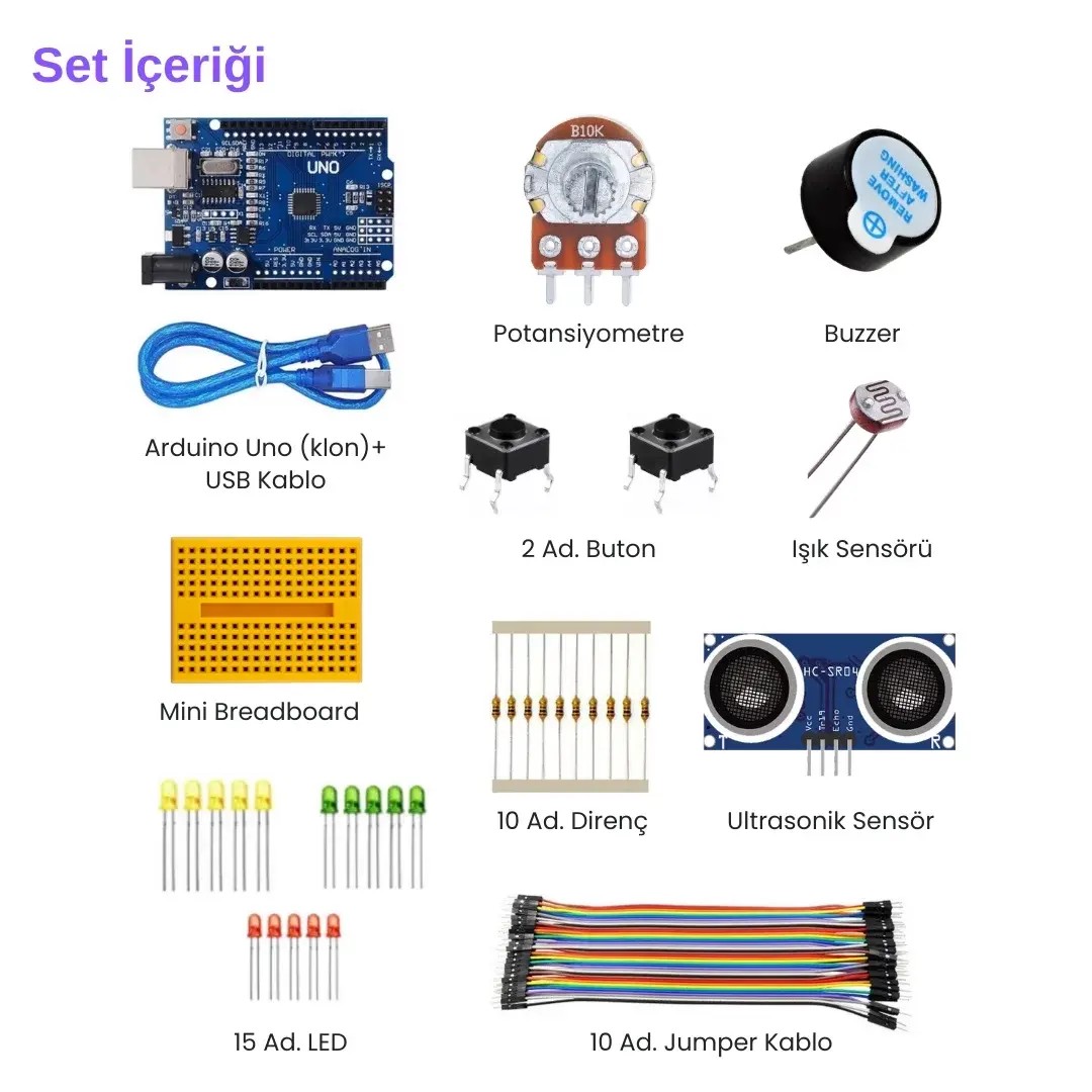 Arduino Uno (Klon) R3 Başlangıç Seti 10'lu Atölye Paketi