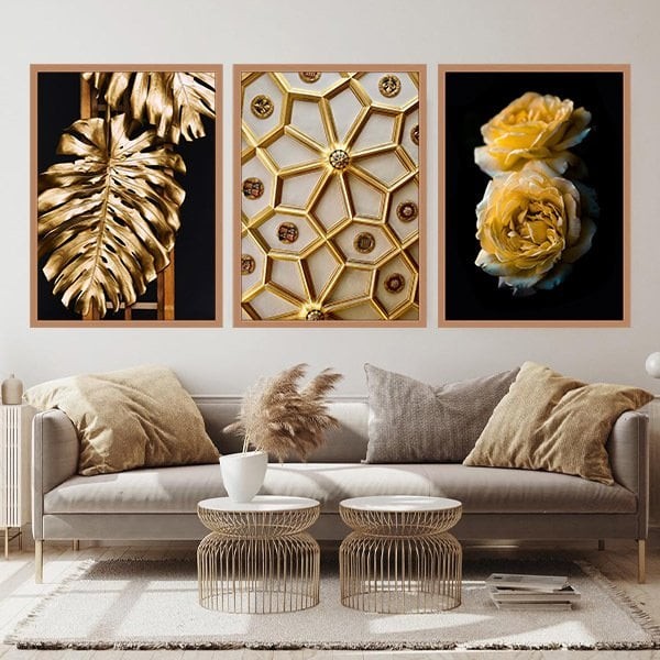 Gold Deve Tabanı & Güller & Yıldız Üçlü Çerçeve ve Poster Seti - G1003