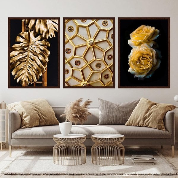 Gold Deve Tabanı & Güller & Yıldız Üçlü Çerçeve ve Poster Seti - G1003