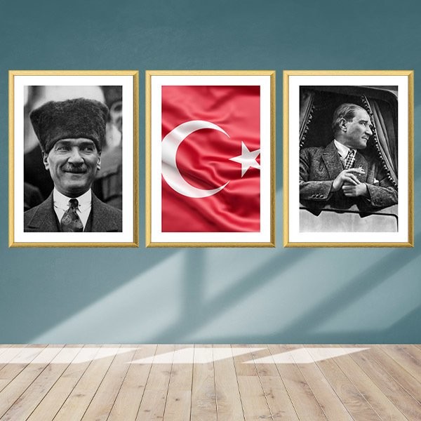 Atatürk ve Bayrak Üçlü Çerçeve ve Poster Seti - ATA1004