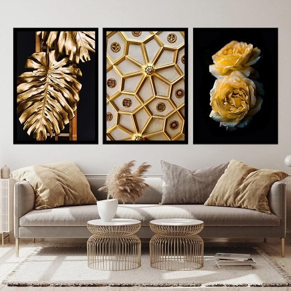 Gold Deve Tabanı & Güller & Yıldız Üçlü Çerçeve ve Poster Seti - G1003
