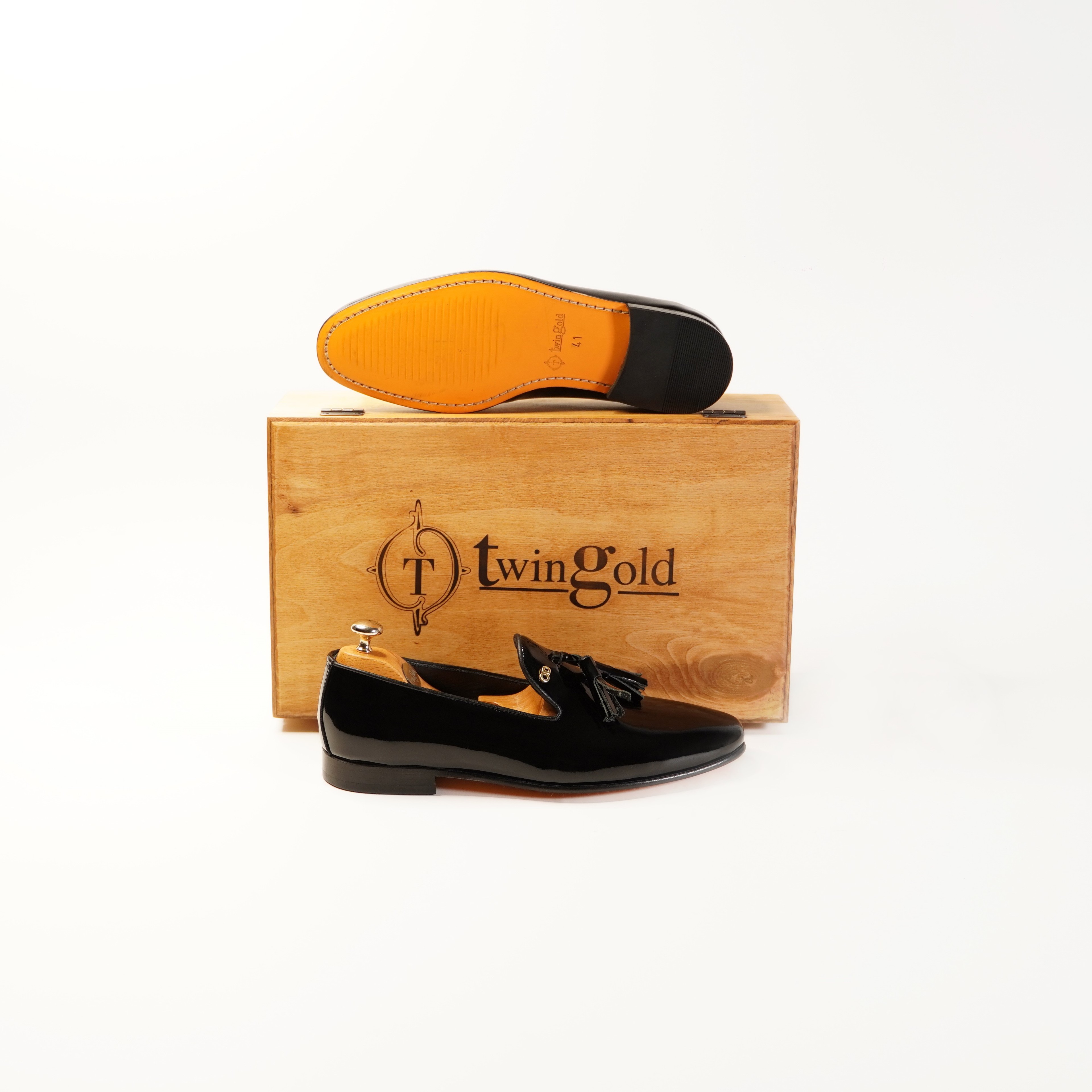 Twingold Kişiye Özel %100 Deri Püsküllü Rugan Erkek Ayakkabı - Siyah