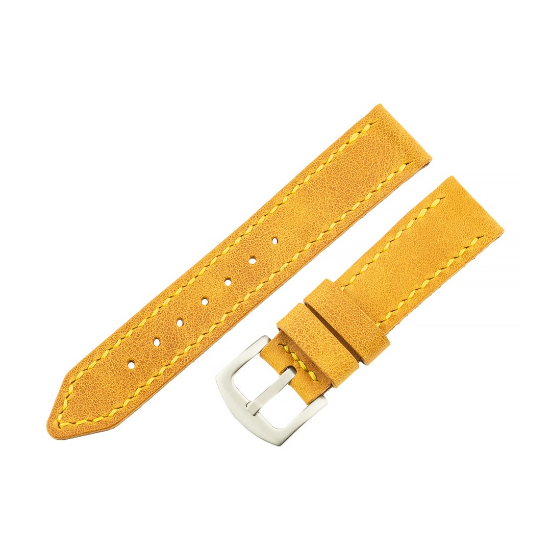 Twingold Kişiye Özel %100 Çift Kat Deri El Dikişli Saat Kordonu - Hardal Sarısı
