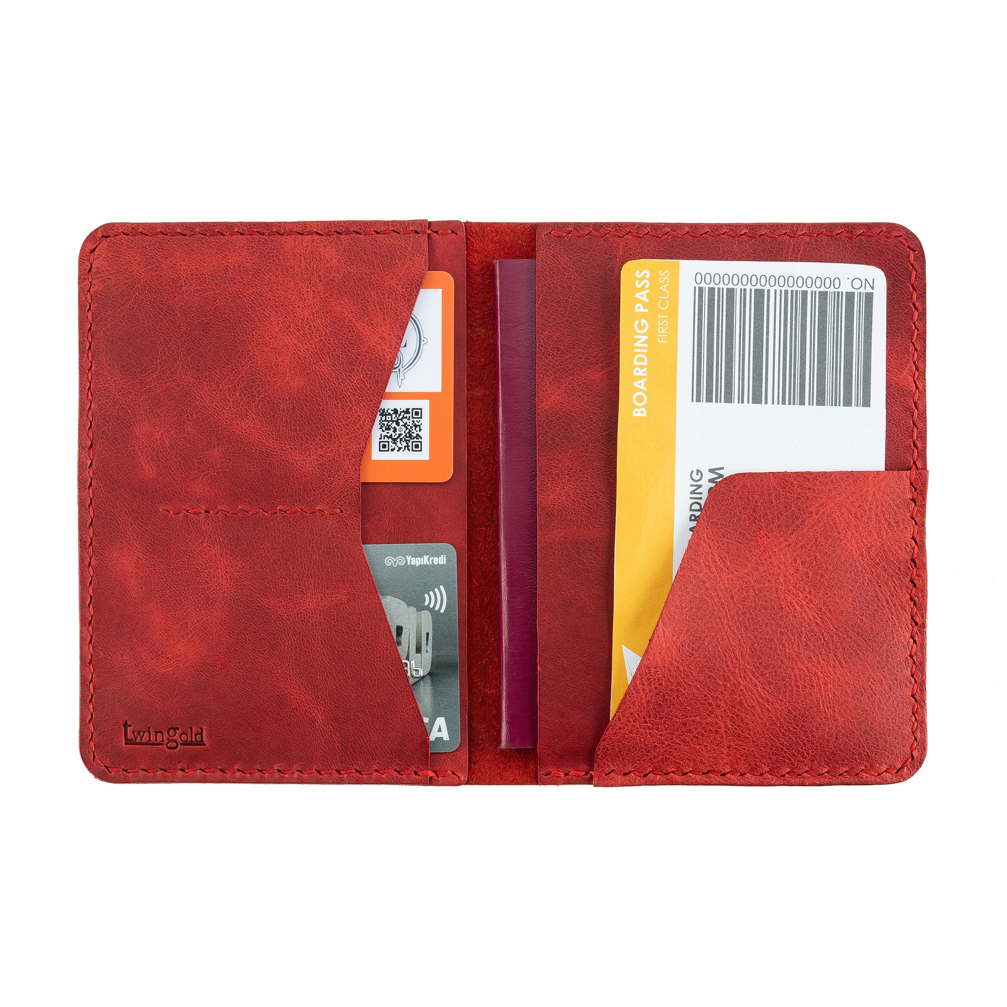 Twingold Kişiye Özel %100 Deri Rainbow Pasaport Kılıfı - Kırmızı