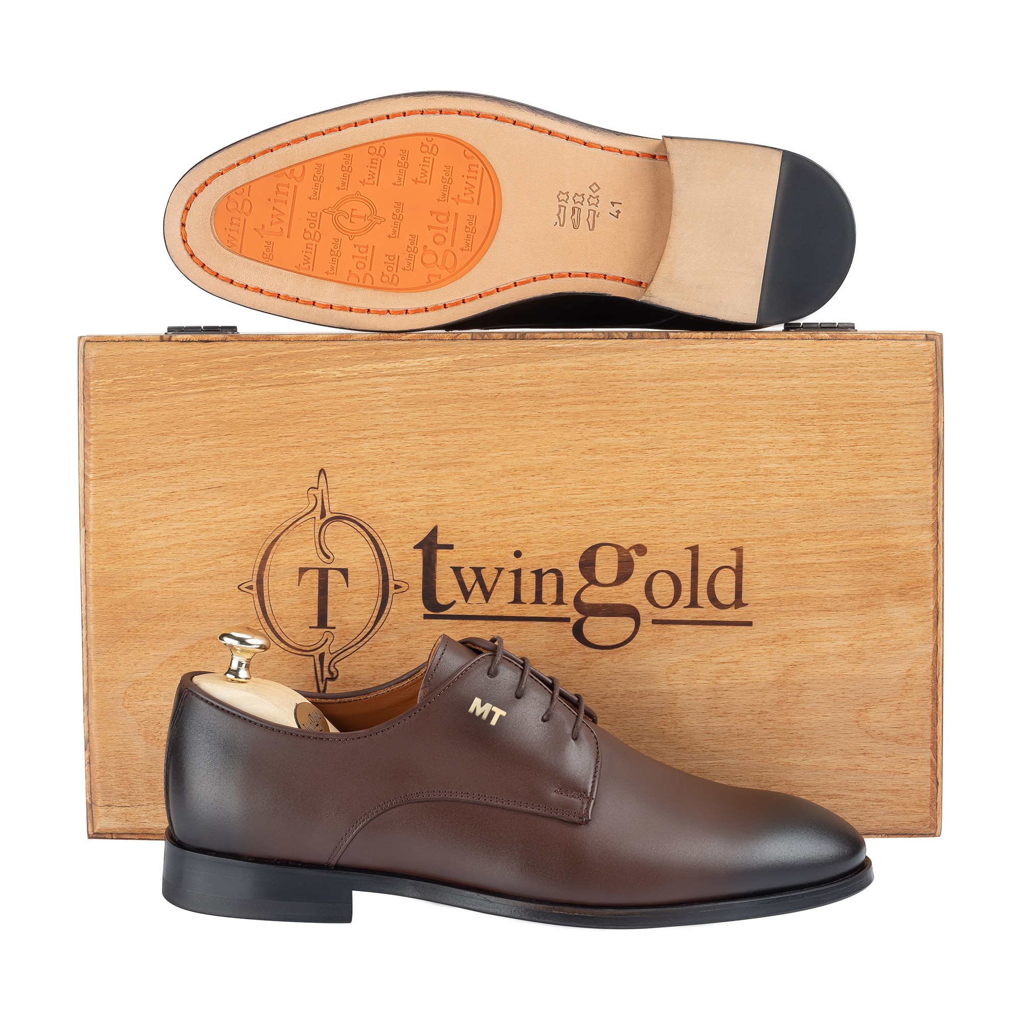 Twingold Kişiye Özel %100 Antik Deri Bağcıklı Erkek Ayakkabı - Kahverengi