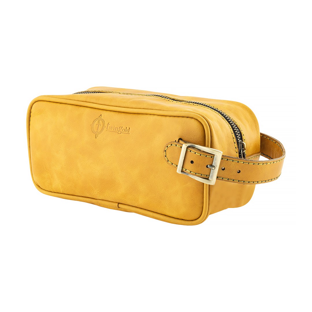 Twingold Kişiye Özel Deri Dopp Kit Kişisel Bakım Ve Seyehat Çantası - Hardal Sarısı