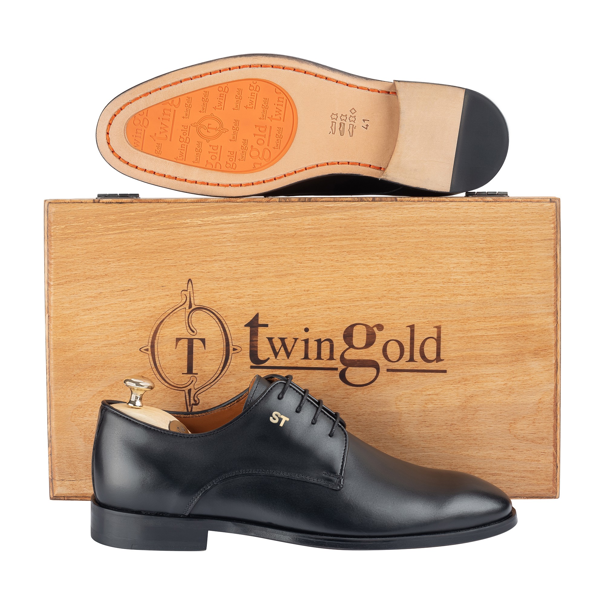 Twingold Kişiye Özel %100 Antik Deri Bağcıklı Erkek Ayakkabı - Siyah