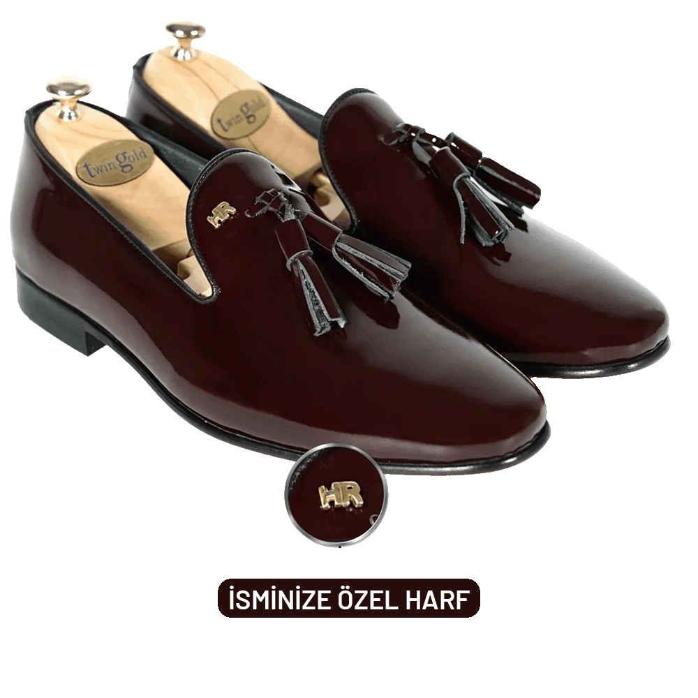 Twingold Personalised Fringed Patent Leather Men Shoe - Claret Red