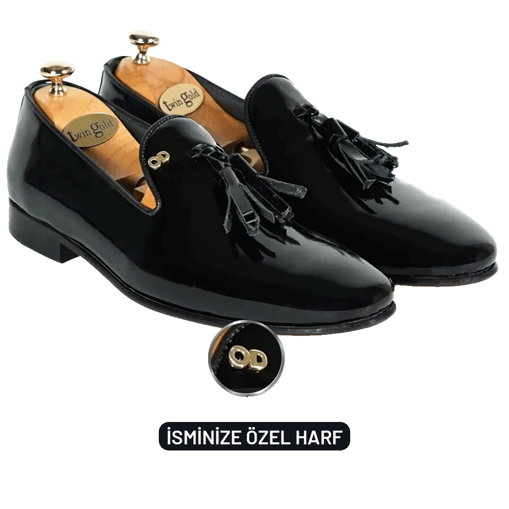 Twingold Personalised Fringed Patent Leather Men Shoe - Black