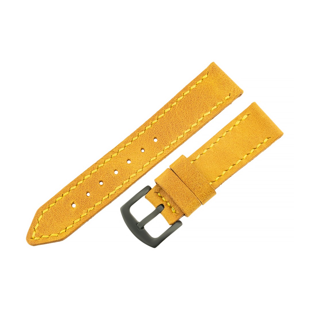 Twingold Kişiye Özel %100 Çift Kat Deri El Dikişli Saat Kordonu - Hardal Sarısı