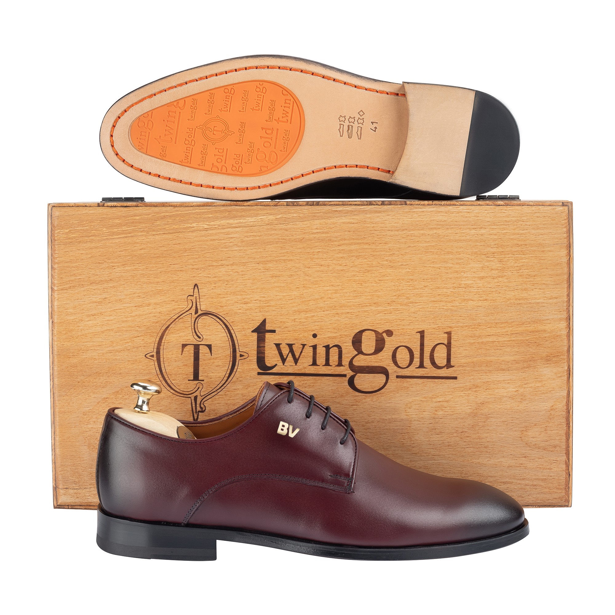 Twingold Kişiye Özel %100 Antik Deri Bağcıklı Erkek Ayakkabı - Bordo