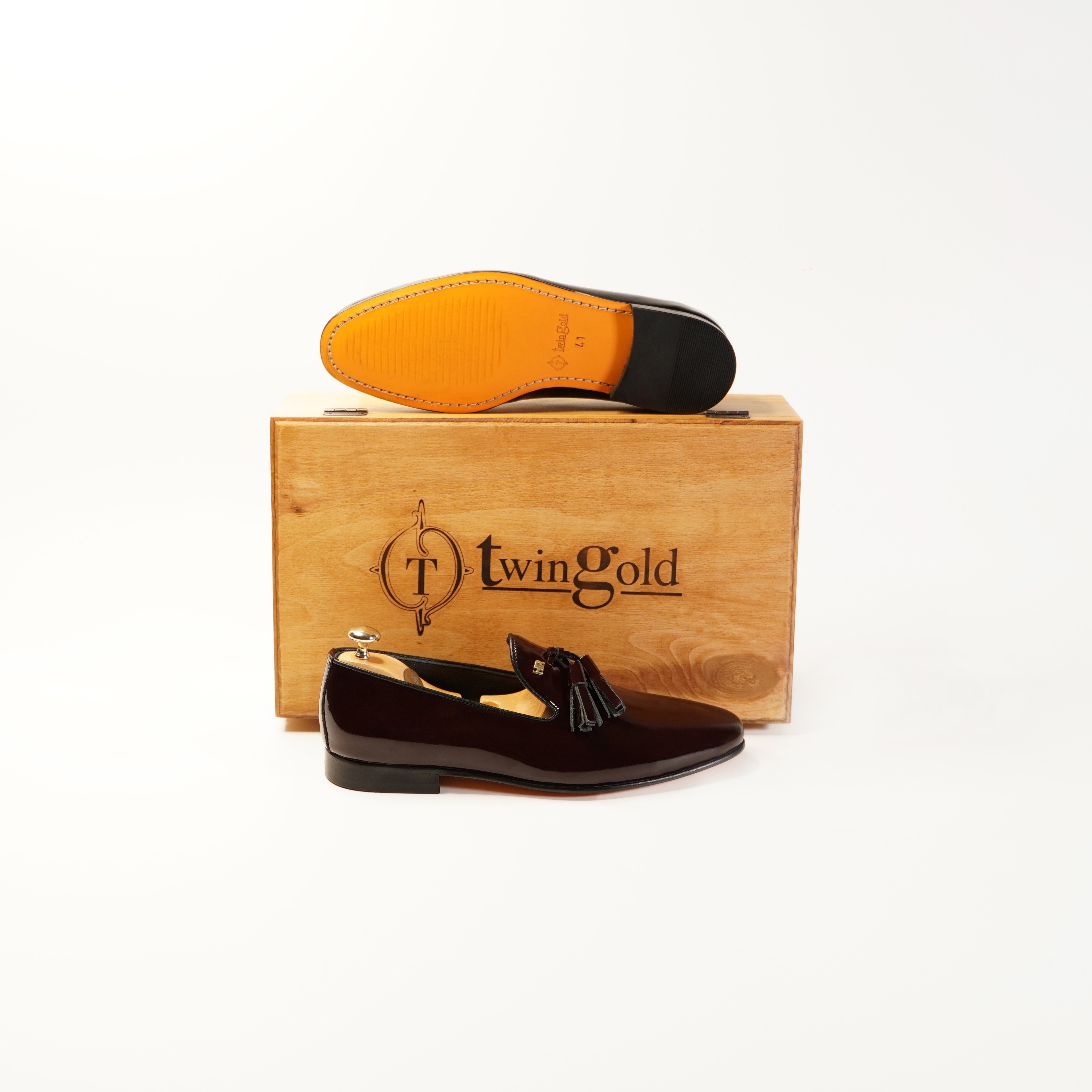 Twingold Kişiye Özel %100 Deri Püsküllü Rugan Erkek Ayakkabı - TWG009 - Bordo