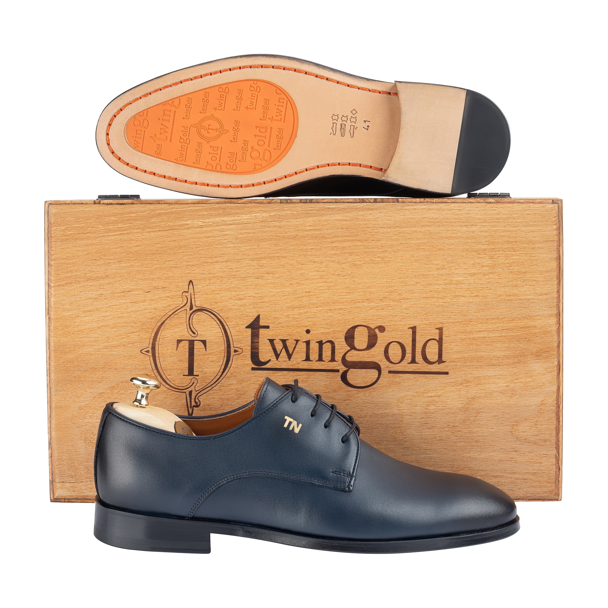 Twingold Kişiye Özel %100 Antik Deri Bağcıklı Erkek Ayakkabı - Lacivert
