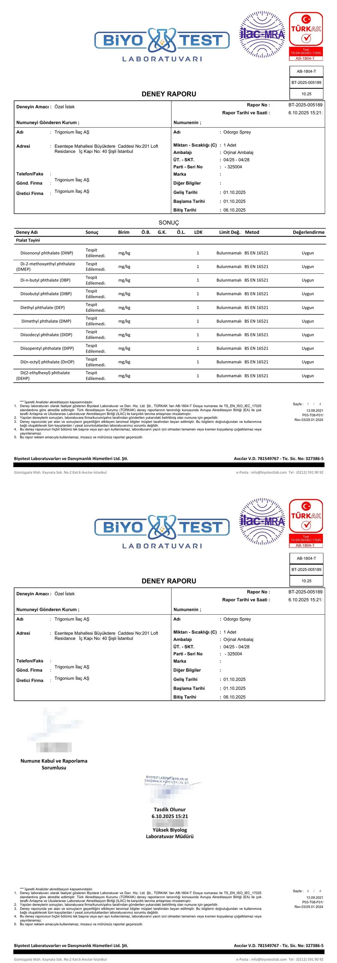 ODORGO Koku Yok Edici Sprey ftalat, paraben, boya ve sülfat içermez analiz raporu BT-2025-005189