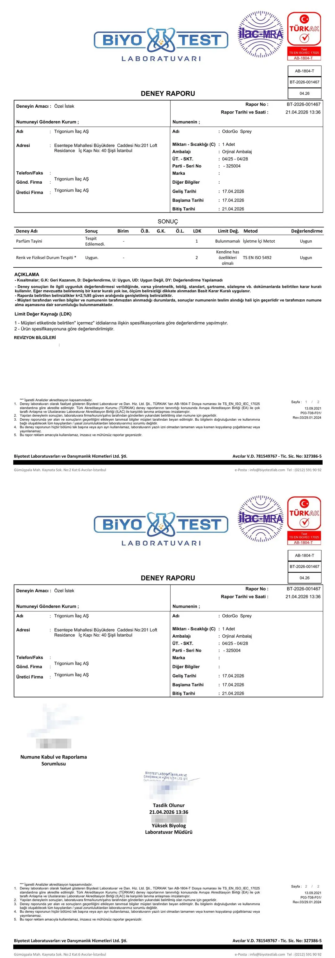 ODORGO Koku Yok Edici Sprey parfüm içermez analiz raporu BT-2026-001467