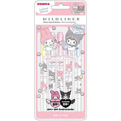 Zebra Mildliner  Sanrio My Melody Kuromi 50. ve 20. Yıl Dönümü 5 Renkli Vurgulayıcı Set
