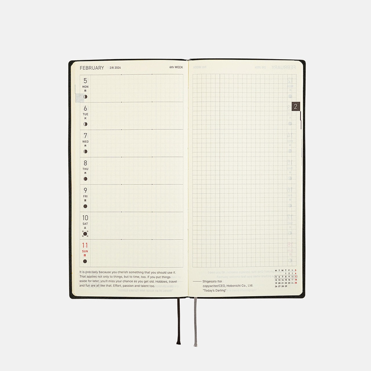 Kampanyalı Hobonichi 2024 Haftası - Beyaz Çizgi: Siyah Ajanda (Planner)