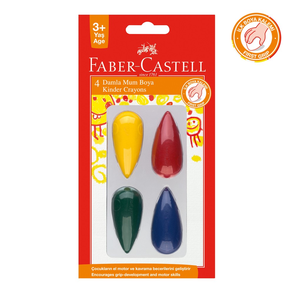 Faber Castell Çocuklar için, Silinebilir, Eli Boyamayan, Zehirsiz, Damla Mum Boya 4 Renk 