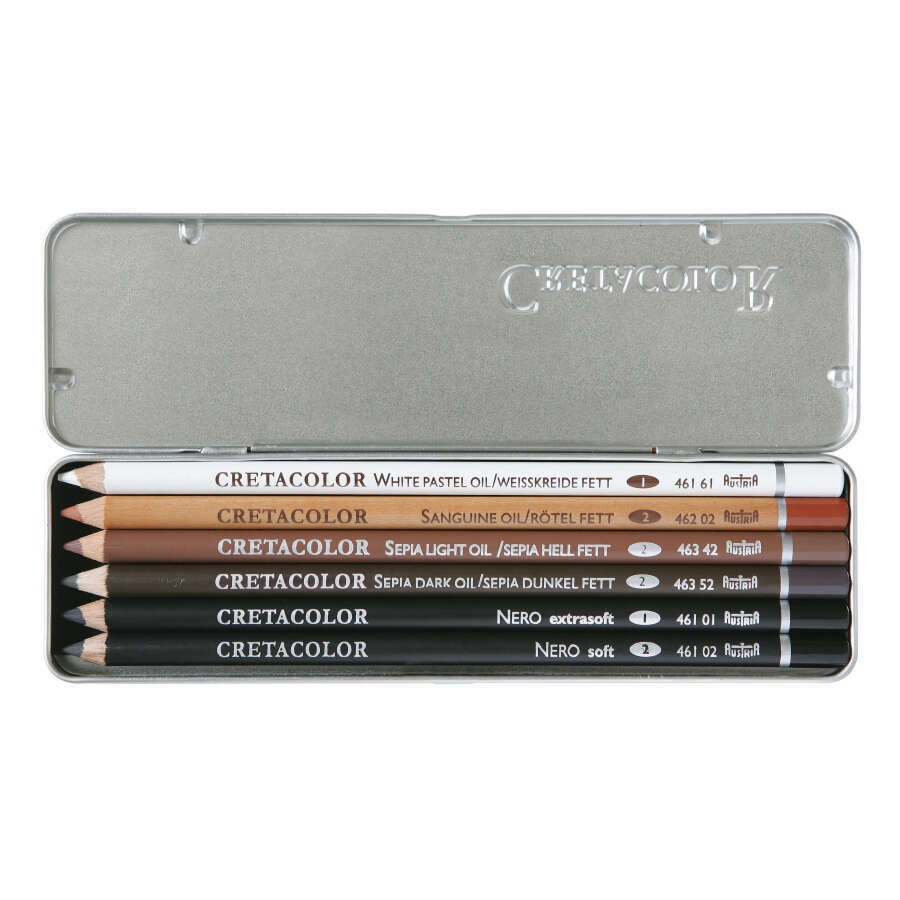 Cretacolor Karakalem Füzen Eskiz Seti, Oil Pencil Drawing Set, 6'lı , Metal Kutu