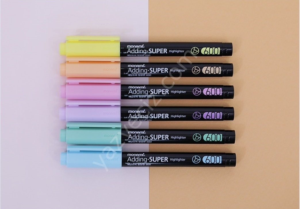 Monami Adding Super 600, 6'lı Pastel Renk Fosforlu Kalem Seti
